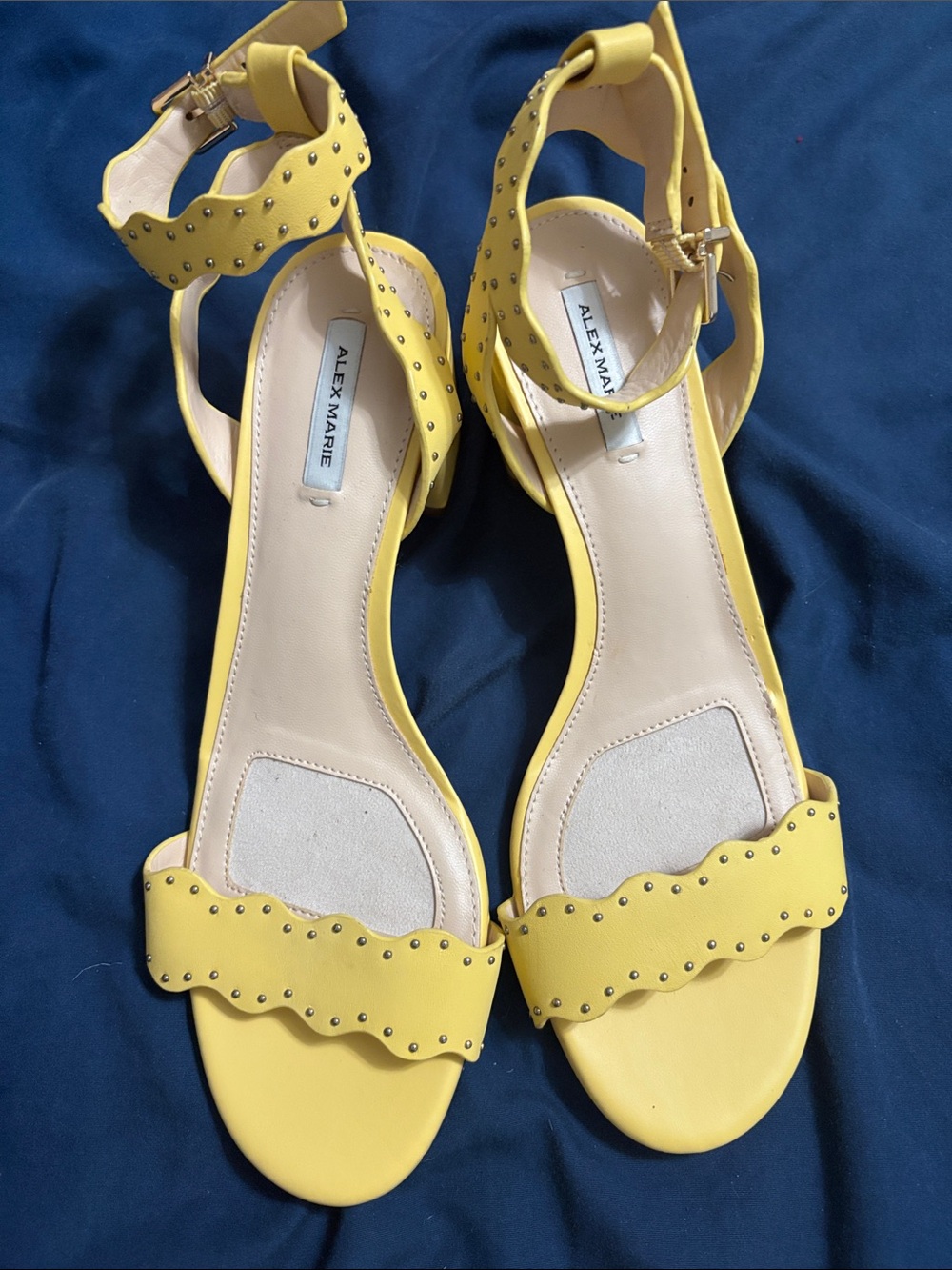 Alex Marie Yellow Scalloped Ankle-Strap Heels with Stud Accents